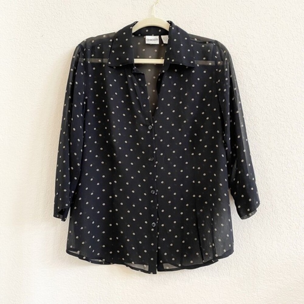 Chico's 100% Silk Sheer Blouse Womens Size 1 Black Polka Dot 3/4 Sleeve